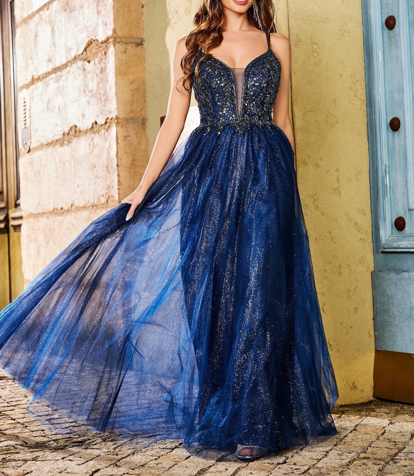 Sparkly Lace Deep V Neck Ball Gown Prom Dress - Navy Blue