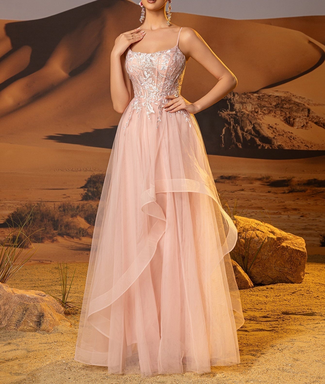 Illusion Bodice Leaf Lace Ball Gown Prom Dress - Pink