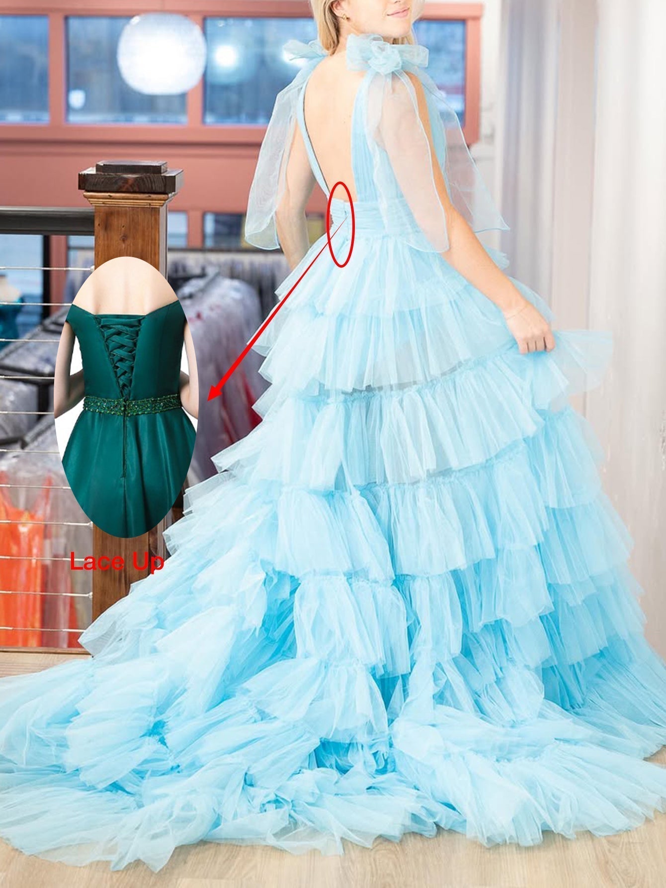 Deep V Neck Tiered Long Ball Gown Prom Dress With Bow - Light Blue