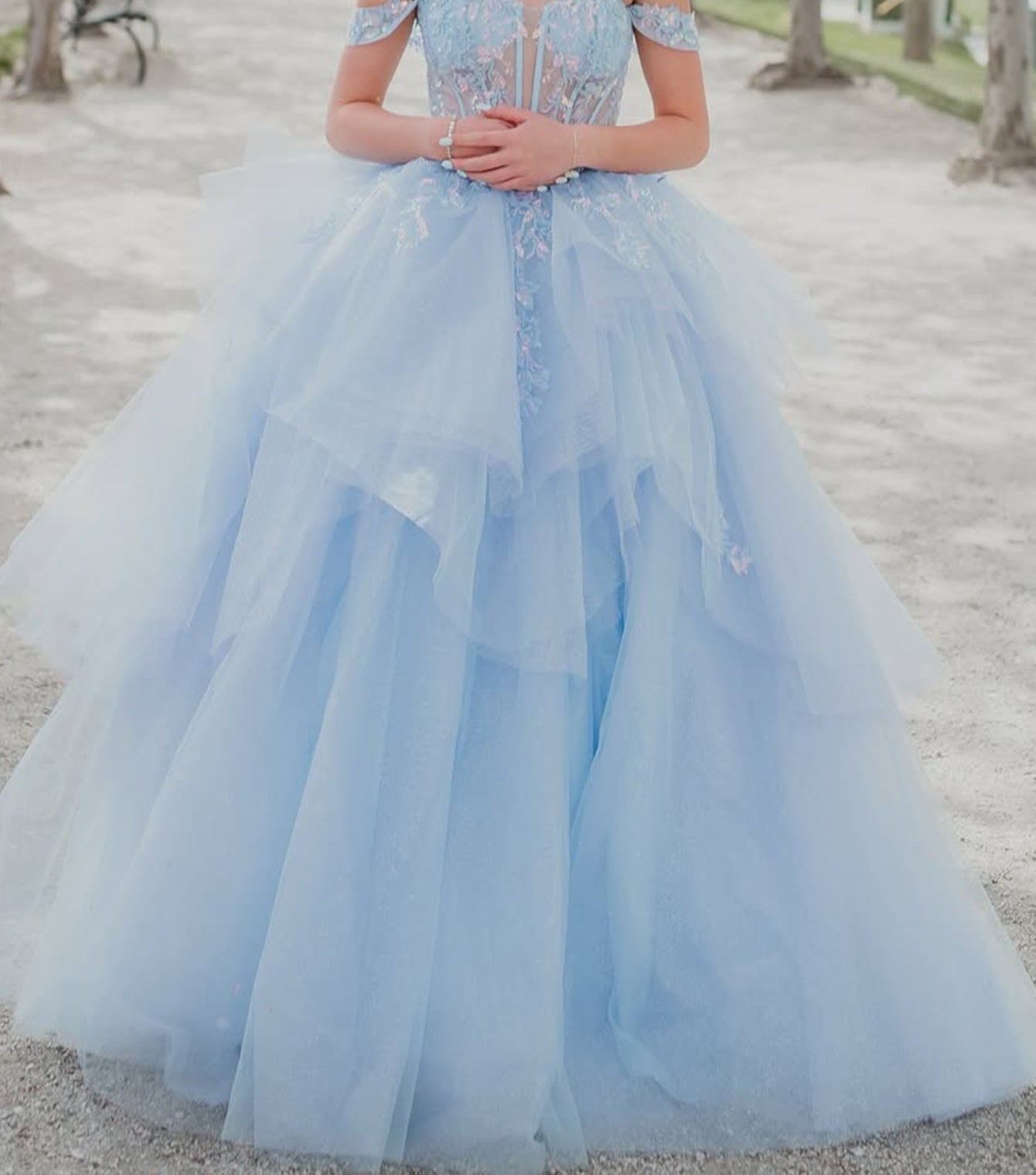 Illusion Bodice Lace Embroidery Ball Gown Prom Dress - Baby Blue