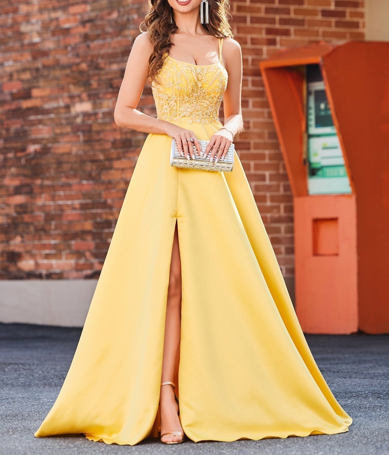 Sheer Bodice Beaded A-Line Prom Dress With Slit - Yellow