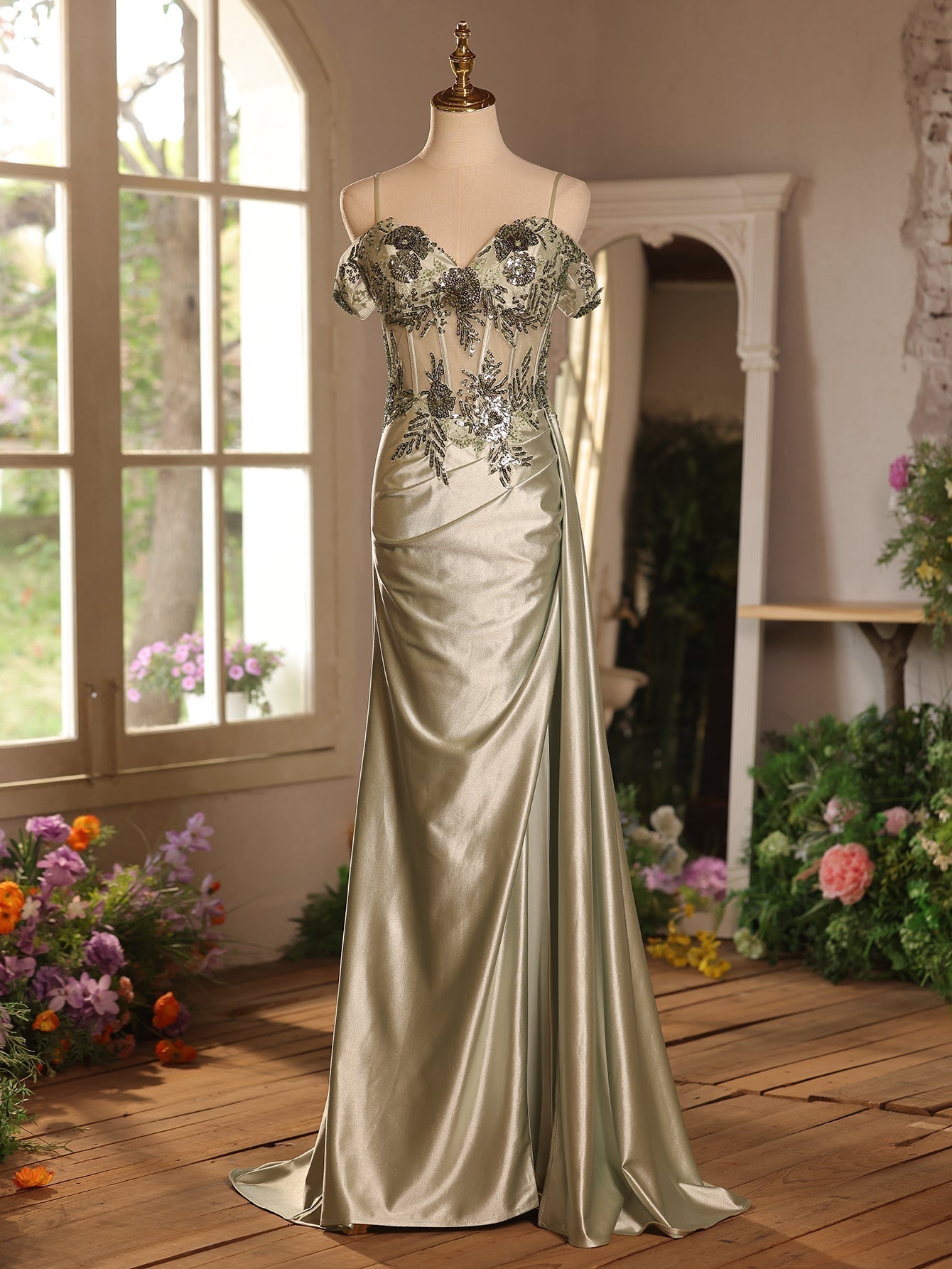 Off Shoulder Sheer Bodice Mermaid Prom Dress With Boned - Sage Green