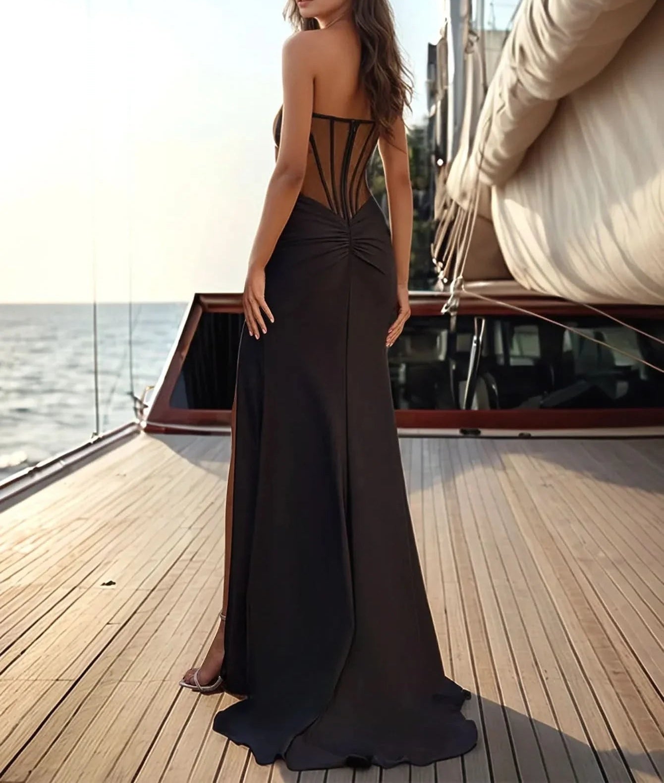 Sheer Bodice Lace Embroidery Strapless Mermaid Prom Dress With Slit - Burgundy