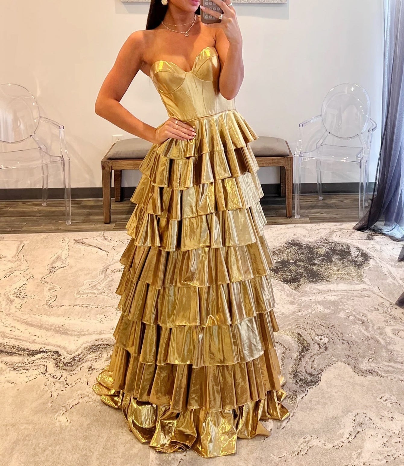 Ruffle Strapless Sparkly Ball Gown Prom Dress - Gold