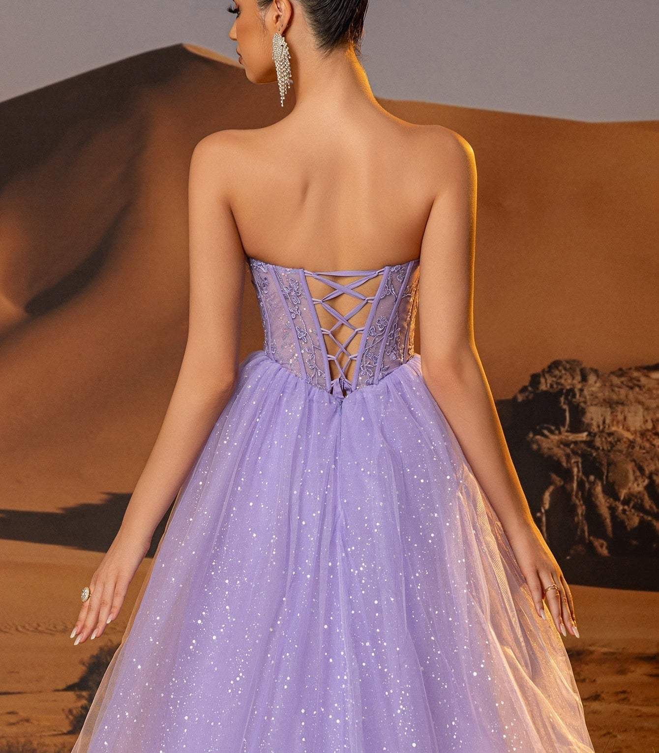 Sparkly Lace Boned Illusion Bodice Prom Dress - Lilac