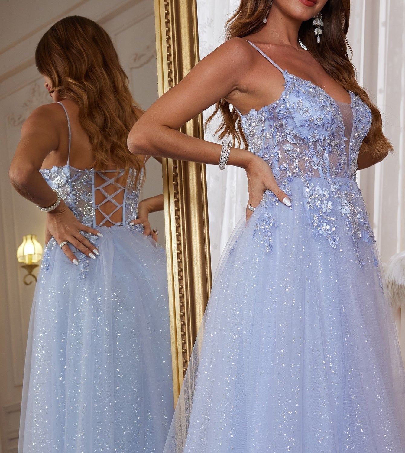 Lace Embroidery Deep V-Neck Boned Illusion Long Prom Dress - Baby Blue