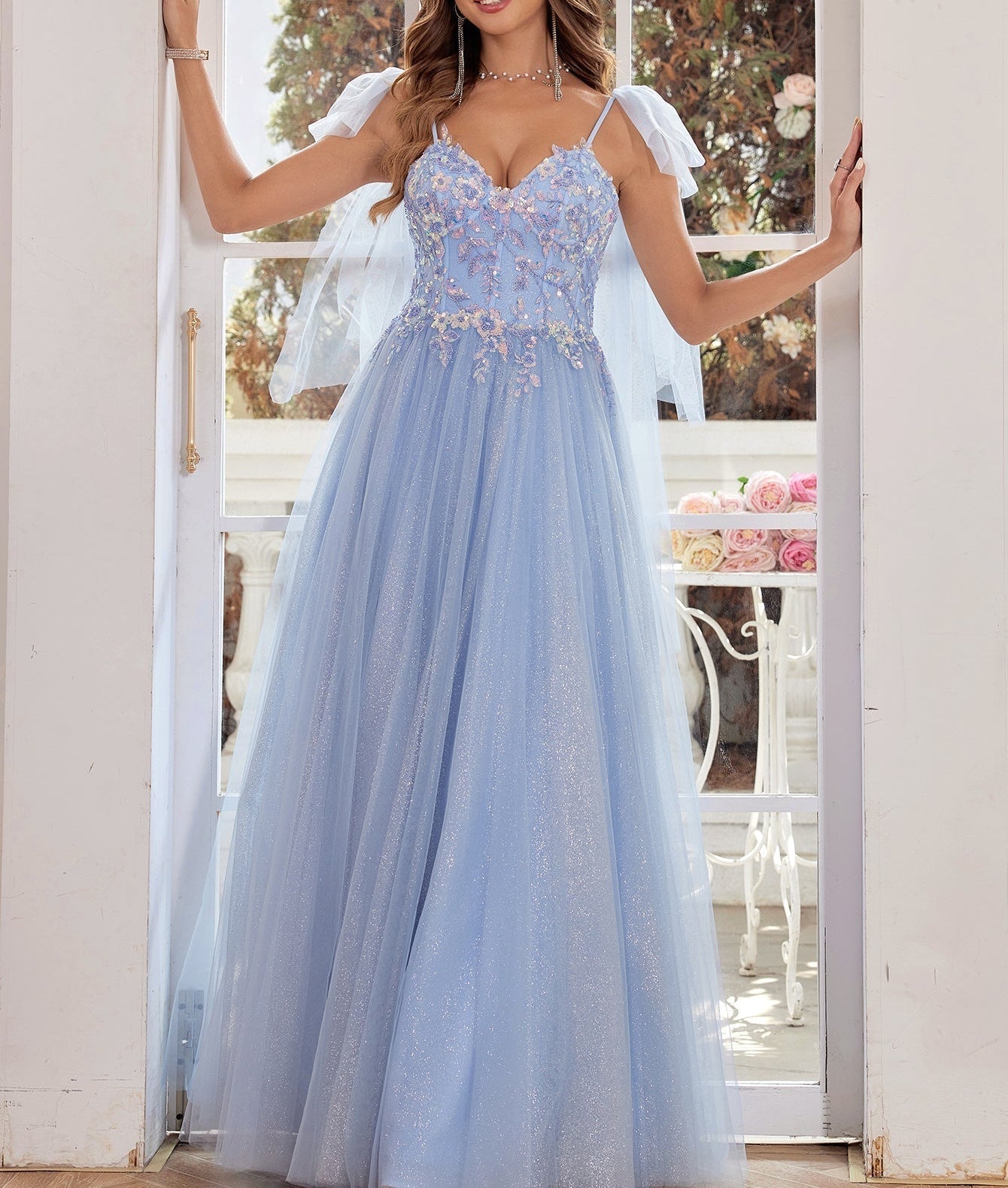 Lace Embroidery A-Line Prom Dress With Bow - Baby Blue