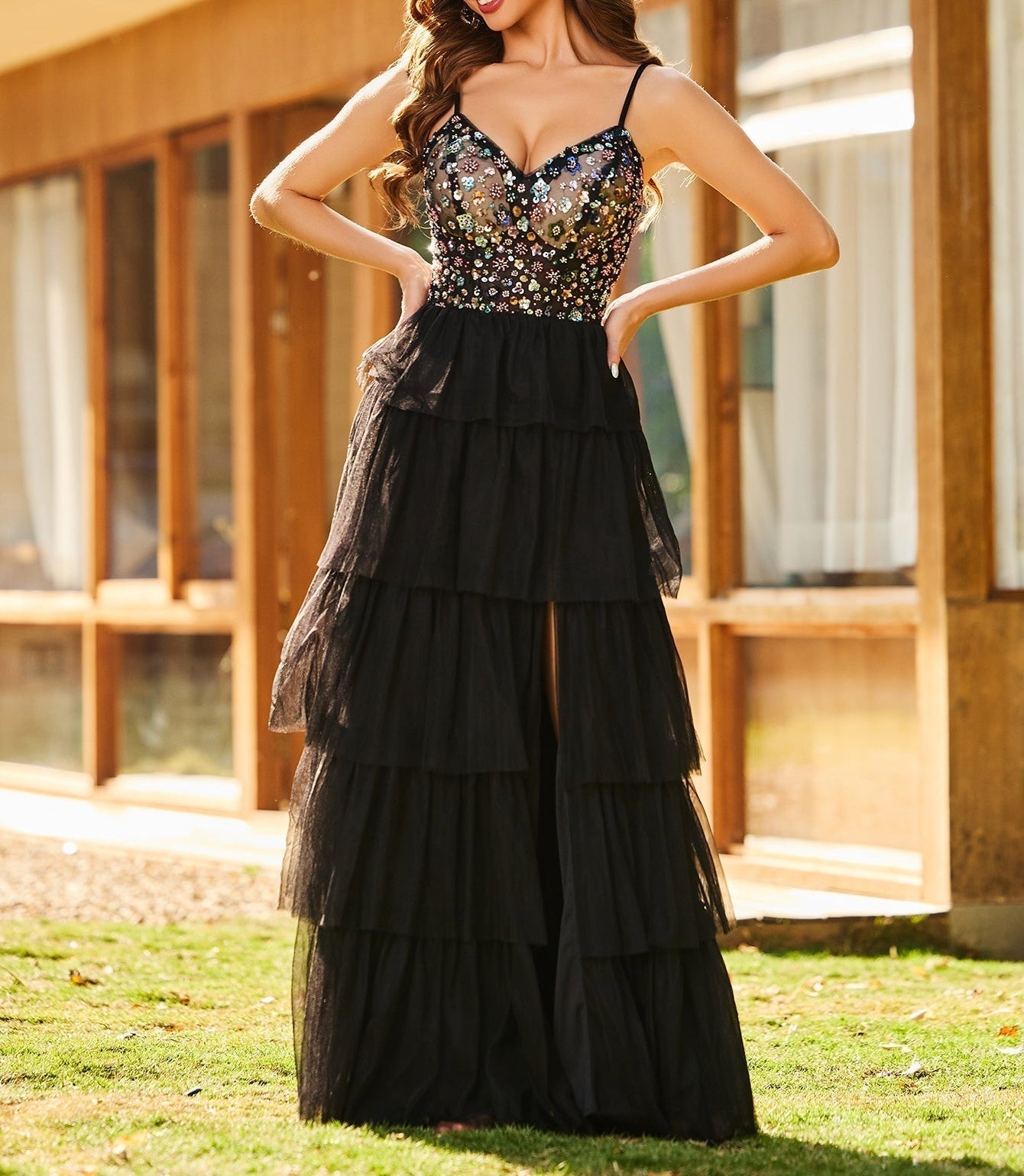 Hand Beading Sheer Bodice Layered Long Prom Dress - Black
