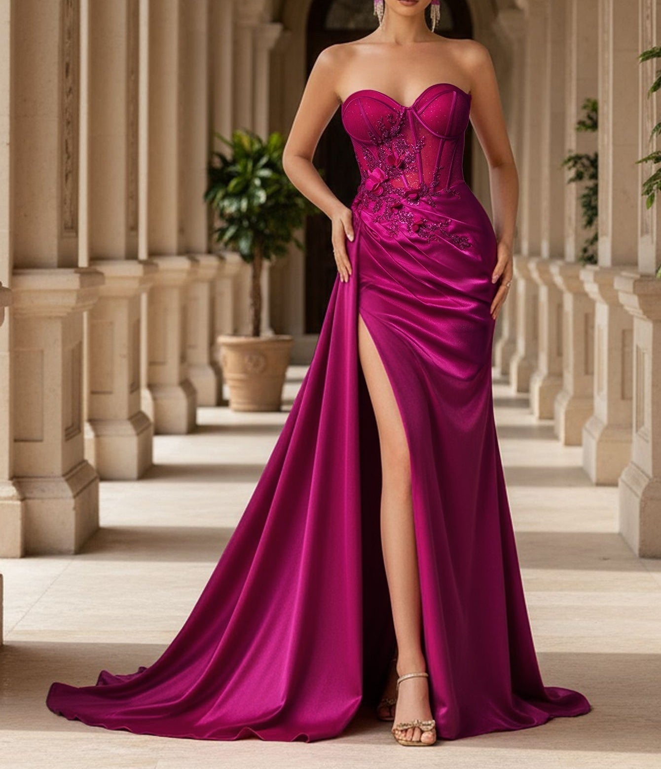 3D Rose Boned Mermaid Prom Dress With Waist Drop - Fuchsia