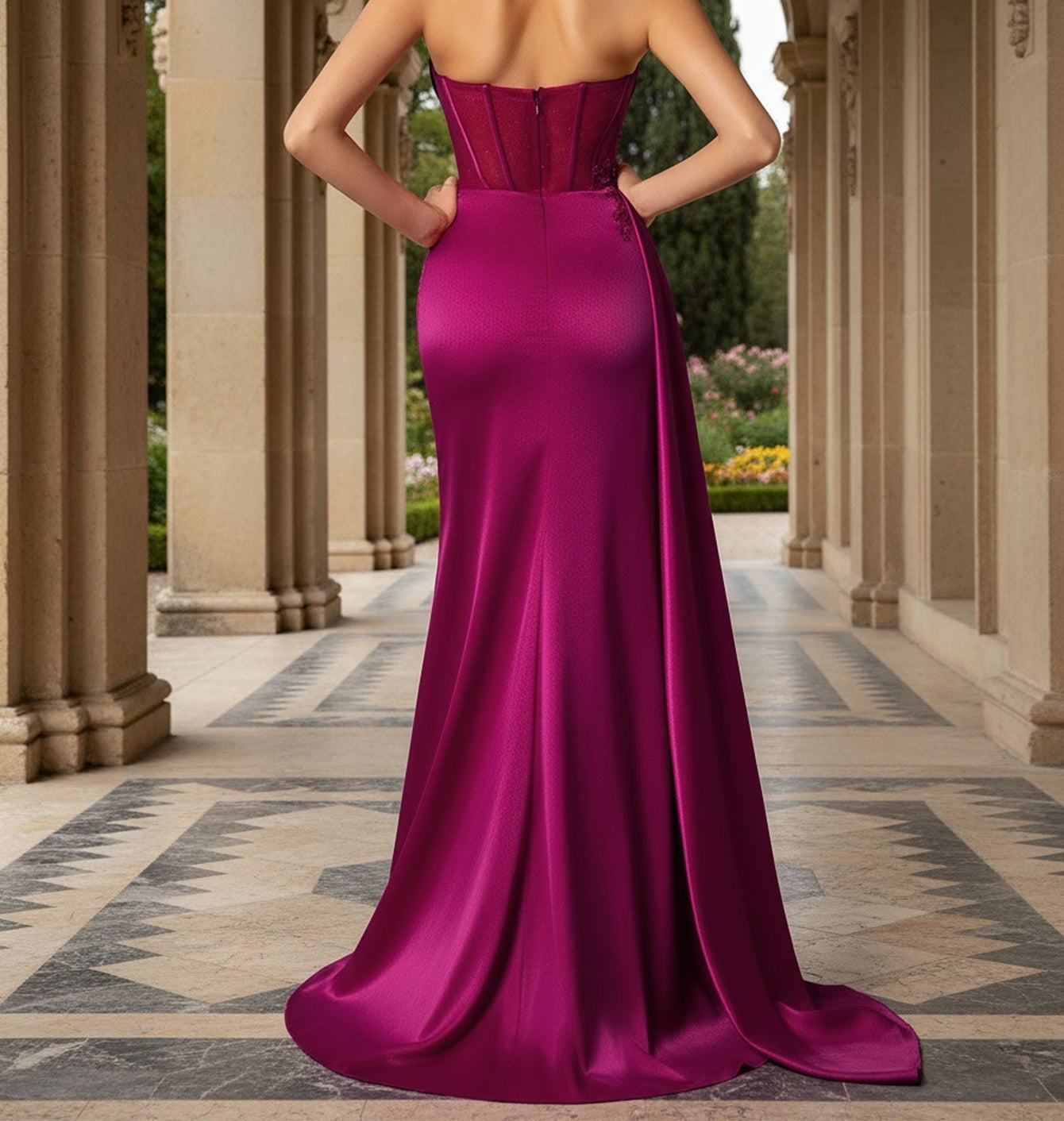 3D Rose Boned Mermaid Prom Dress With Waist Drop - Fuchsia