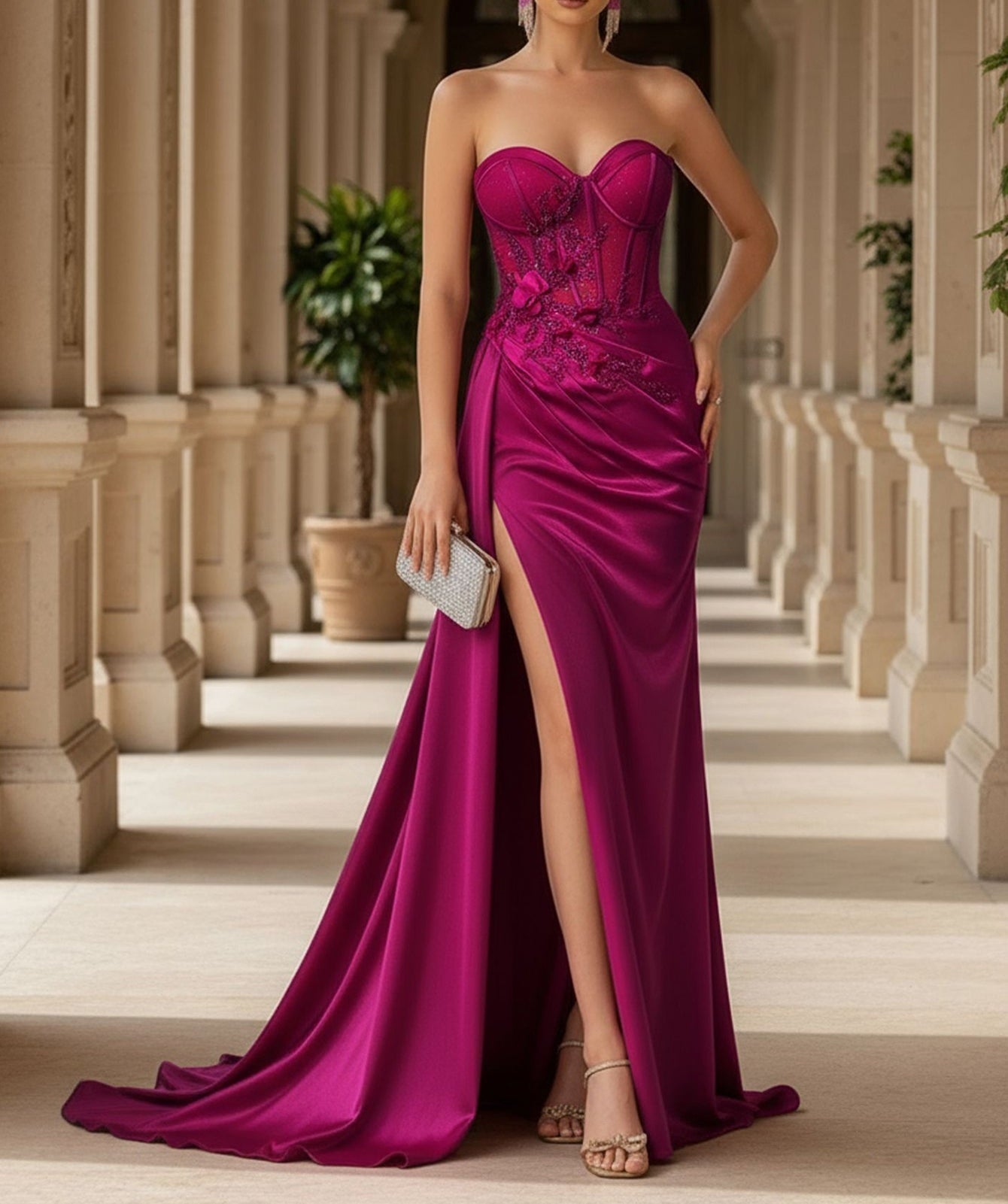 3D Rose Boned Mermaid Prom Dress With Waist Drop - Fuchsia