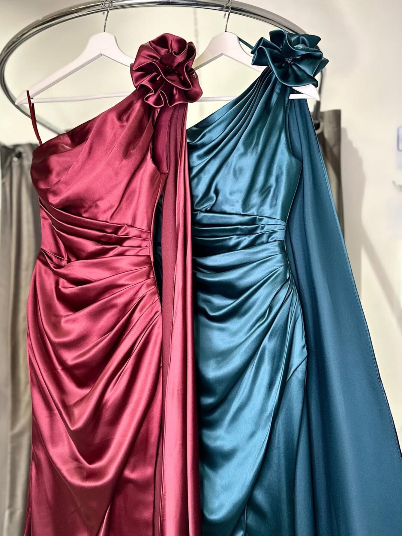 Hand Made Flower One Shoulder Satin Prom Dress With Drop Train - Sage Green