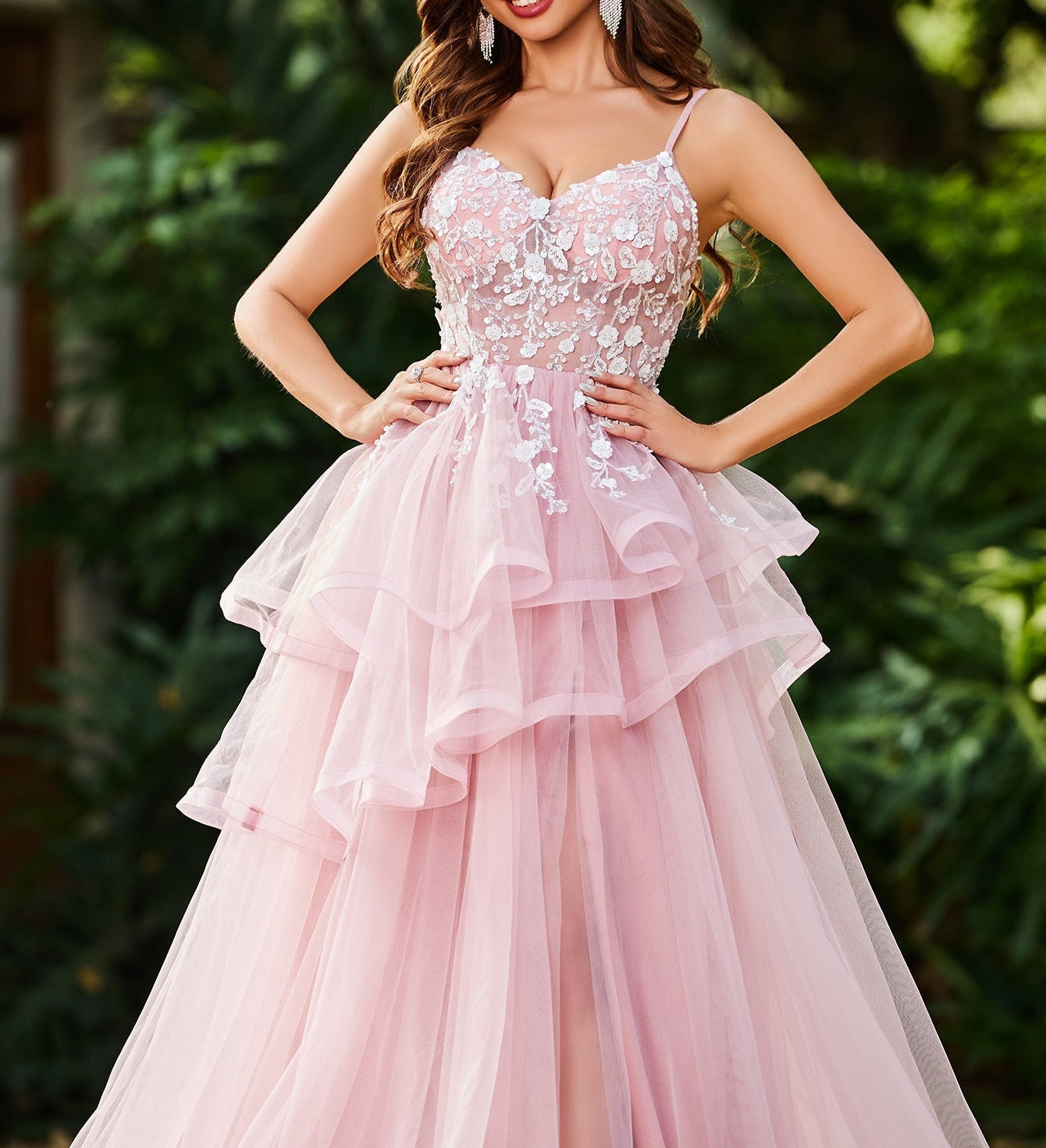 3D Embroidery Asymmetrical Tiered Ball Gown Prom Dress - Pink