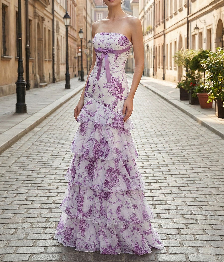 Flower Mermaid Strapless Tiered Print Long Prom Dress with Ruffles
