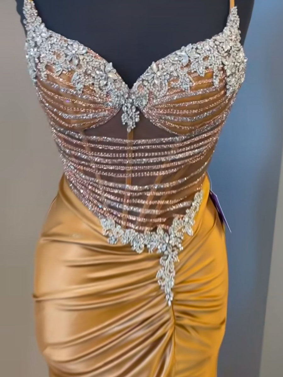Gold Rhinestone Bodice Satin Sheer Corset Prom Dress with Slit