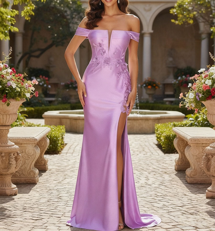 Off-the-Shoulder Lace Applique Satin Prom Dress with High Slit