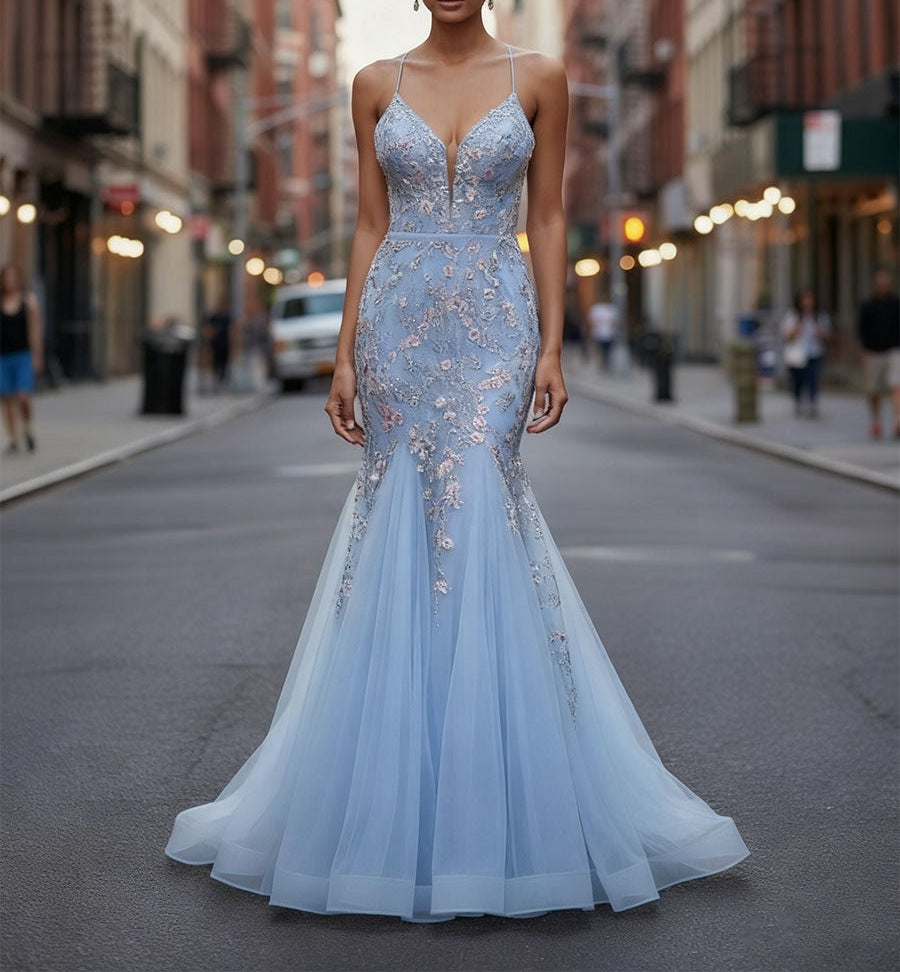 Plunging V-Neck Tulle Mermaid Prom Dress with Floral Embroidery
