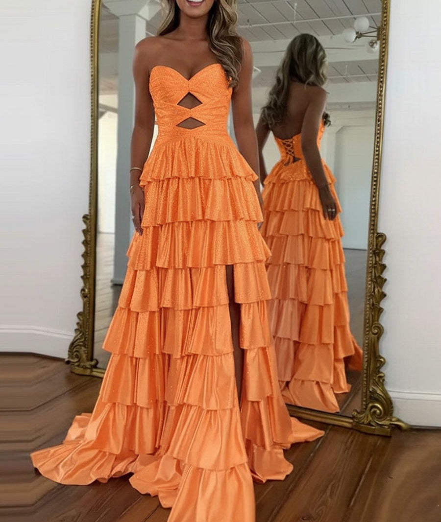 A Line Strapless Sweetheart Satin Prom Dress with Keyhole
