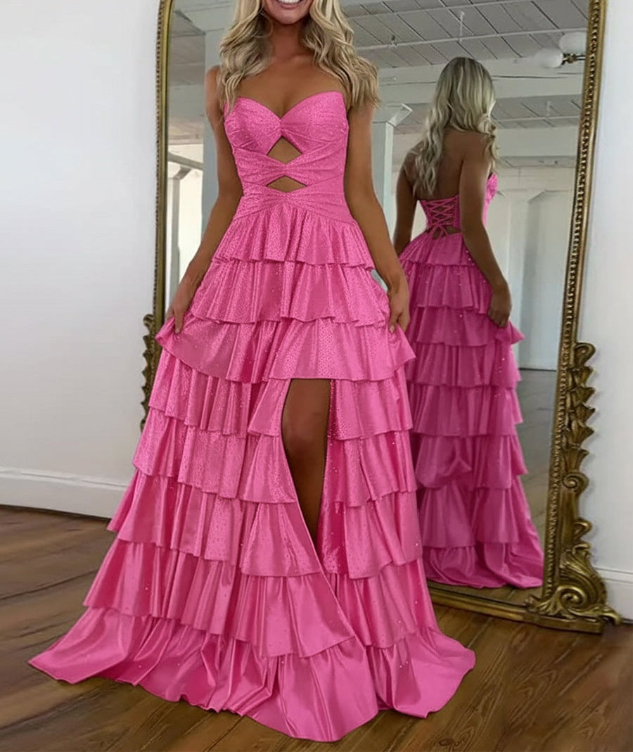 A Line Strapless Sweetheart Satin Prom Dress with Keyhole
