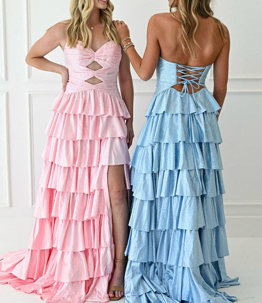 A Line Strapless Sweetheart Satin Prom Dress with Keyhole