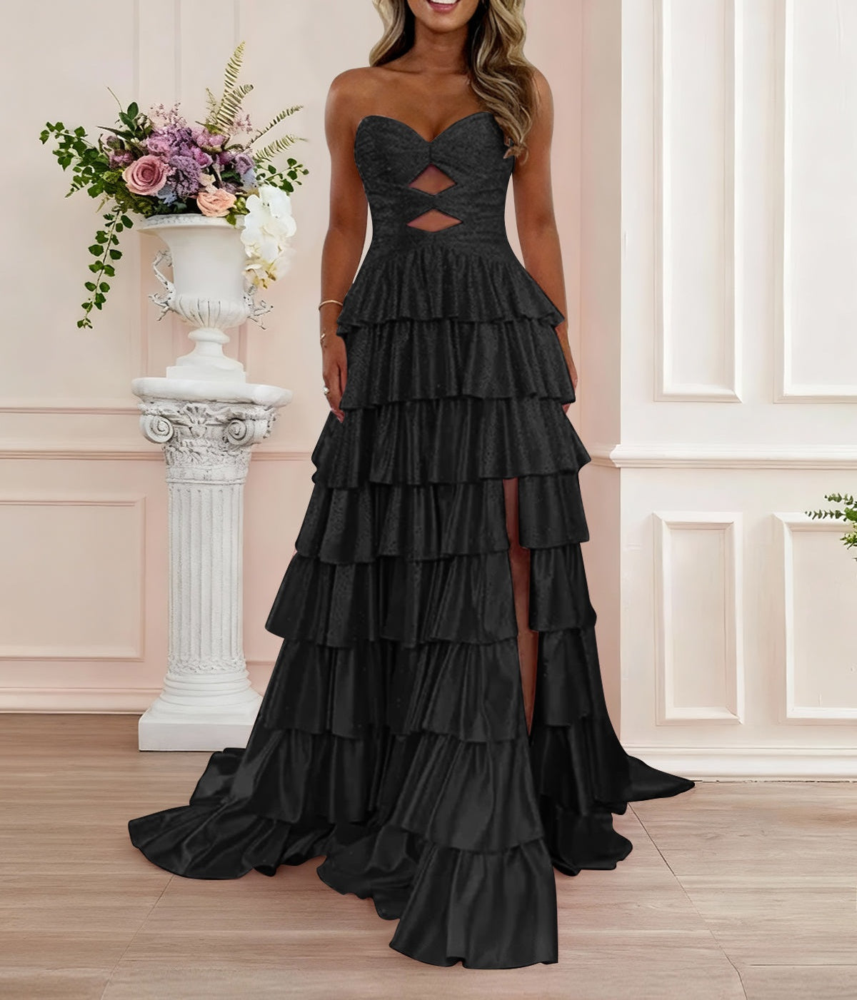 A Line Strapless Sweetheart Satin Prom Dress with Keyhole