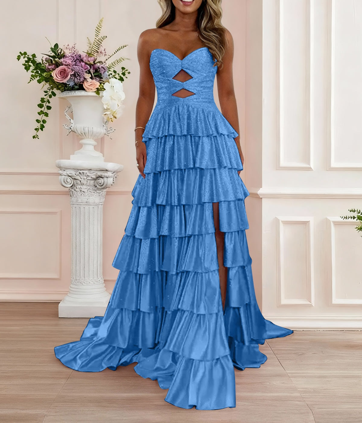 A Line Strapless Sweetheart Satin Prom Dress with Keyhole