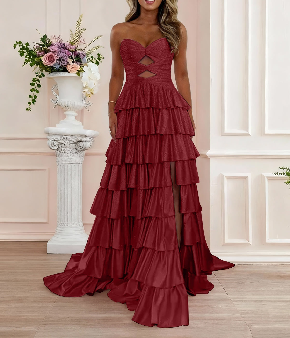A Line Strapless Sweetheart Satin Prom Dress with Keyhole