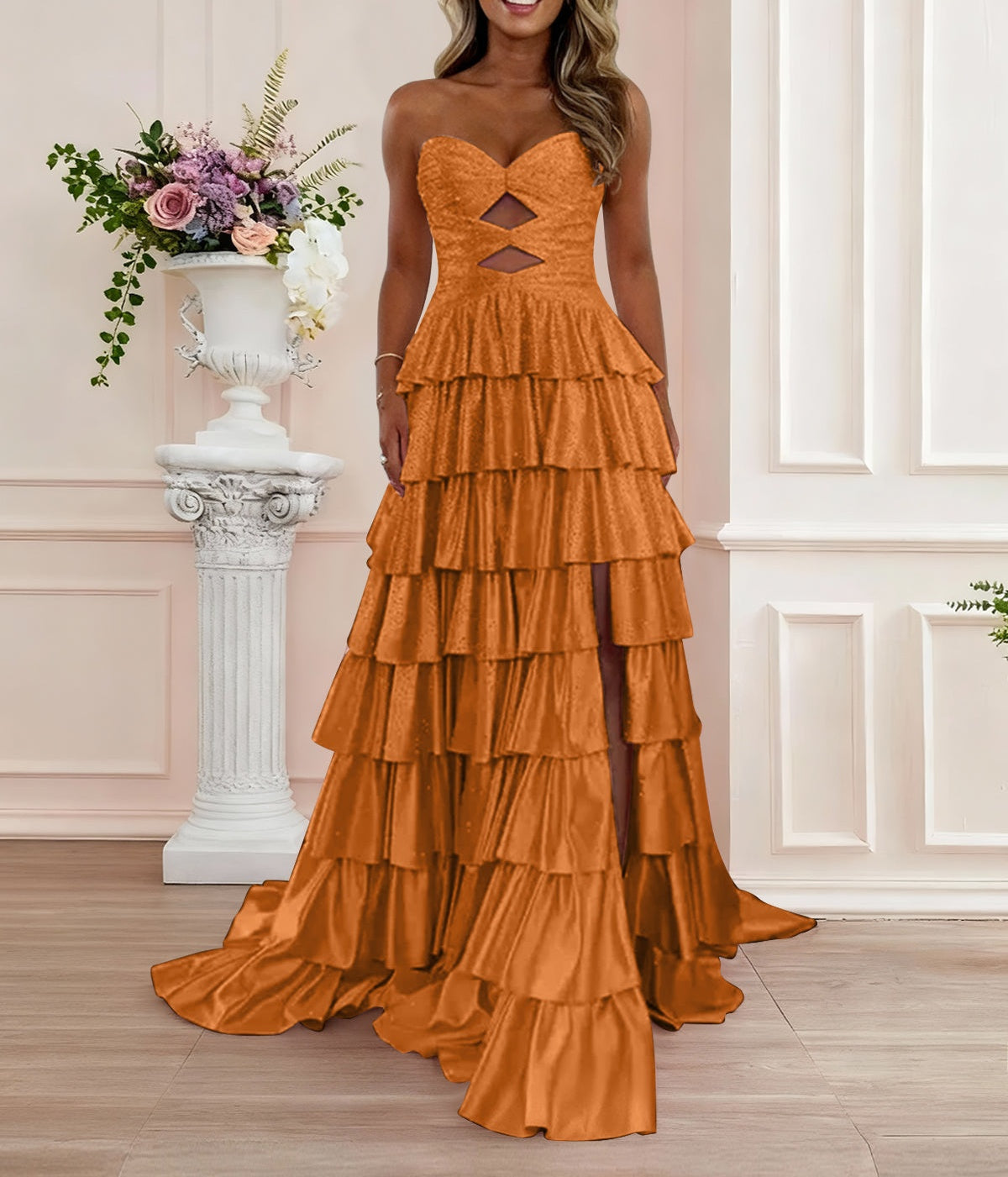 A Line Strapless Sweetheart Satin Prom Dress with Keyhole