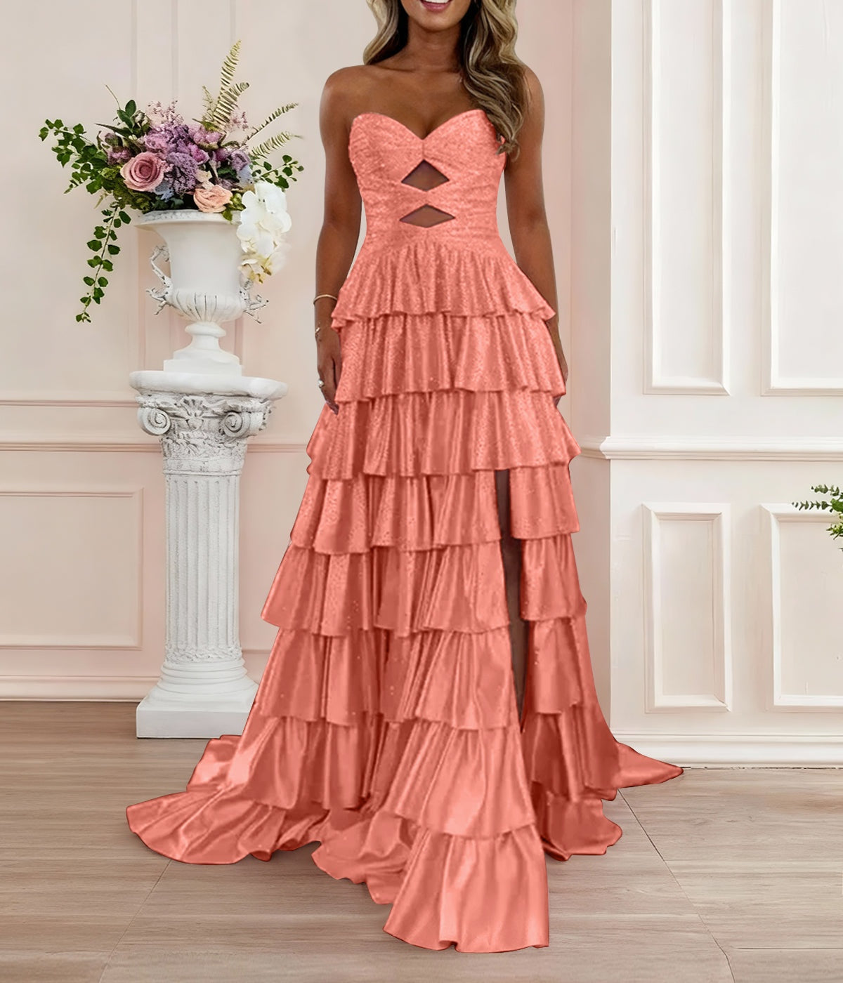 A Line Strapless Sweetheart Satin Prom Dress with Keyhole