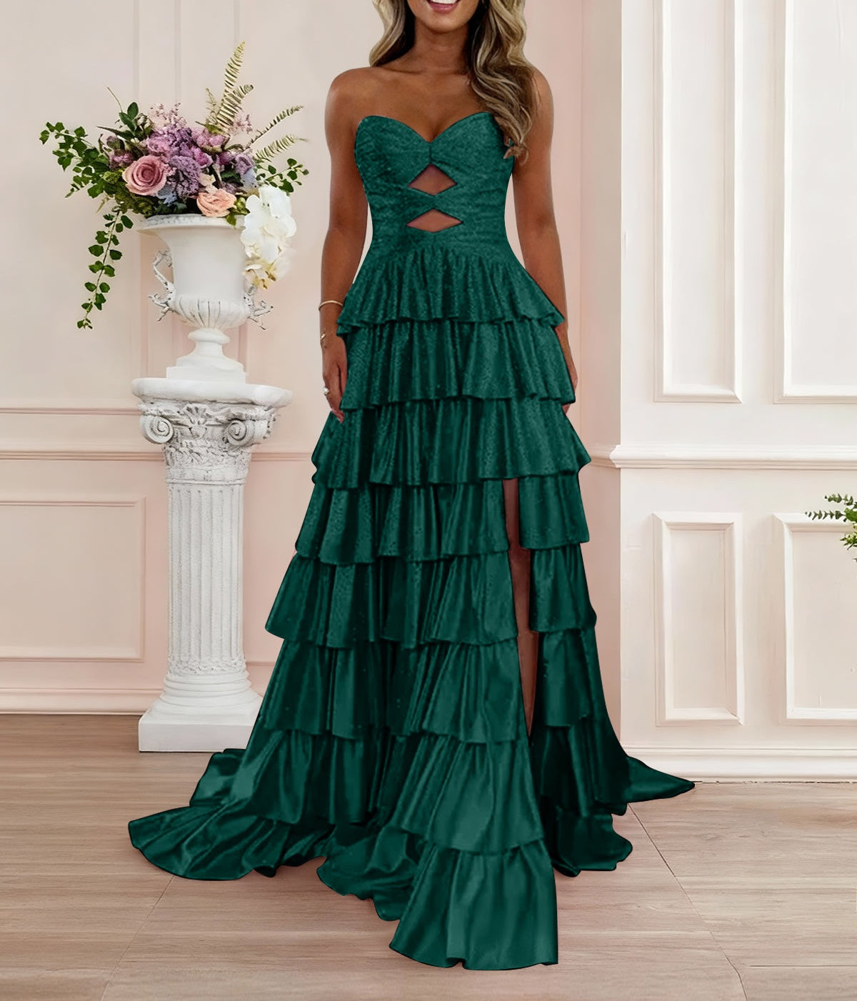 A Line Strapless Sweetheart Satin Prom Dress with Keyhole