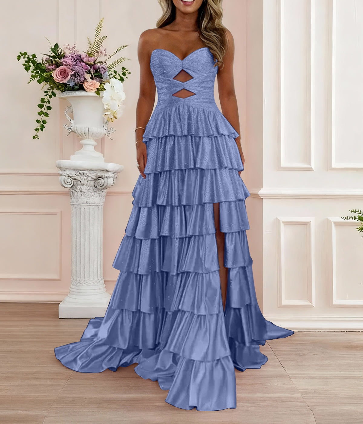 A Line Strapless Sweetheart Satin Prom Dress with Keyhole