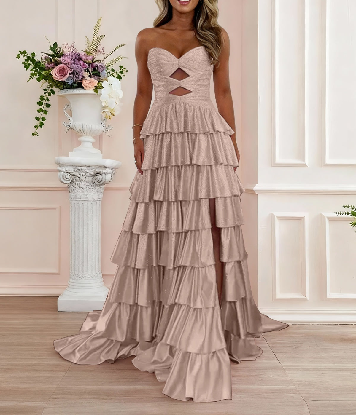 A Line Strapless Sweetheart Satin Prom Dress with Keyhole