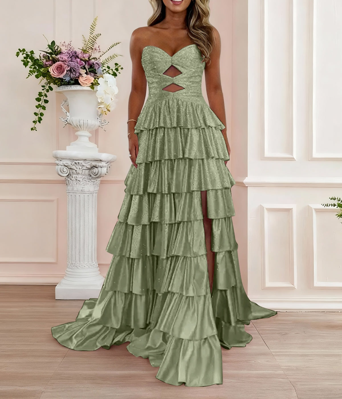 A Line Strapless Sweetheart Satin Prom Dress with Keyhole