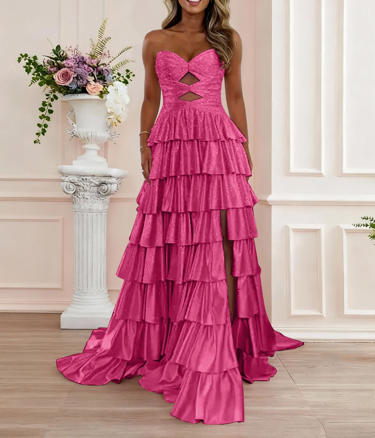 A Line Strapless Sweetheart Satin Prom Dress with Keyhole