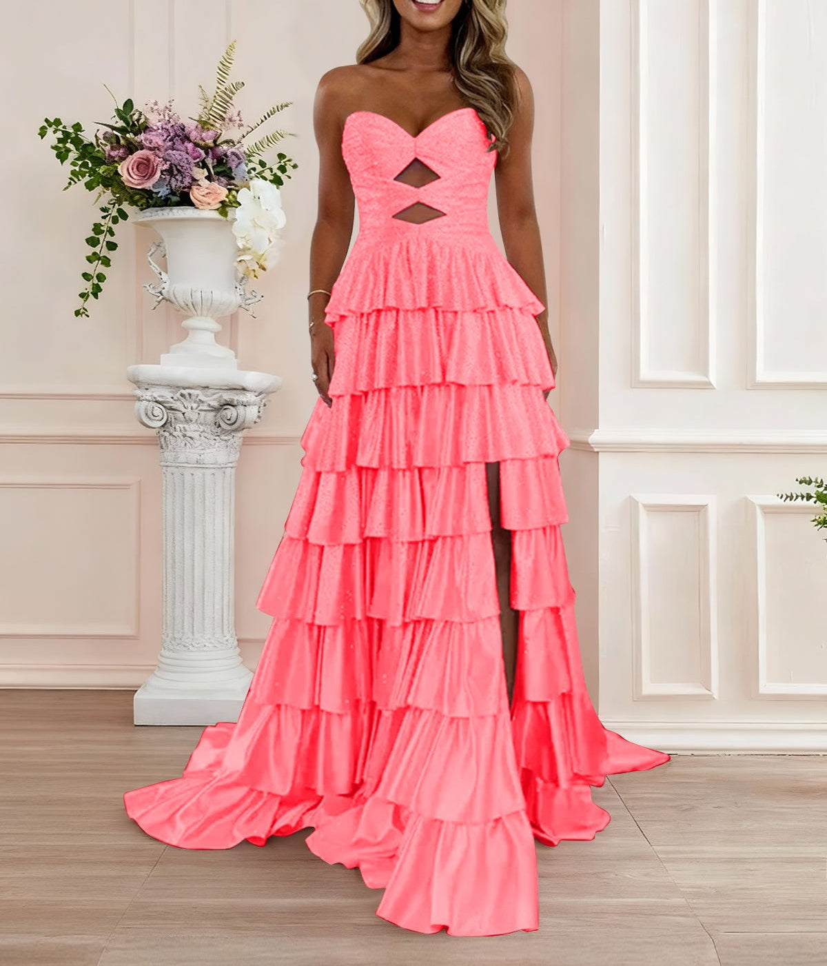 A Line Strapless Sweetheart Satin Prom Dress with Keyhole