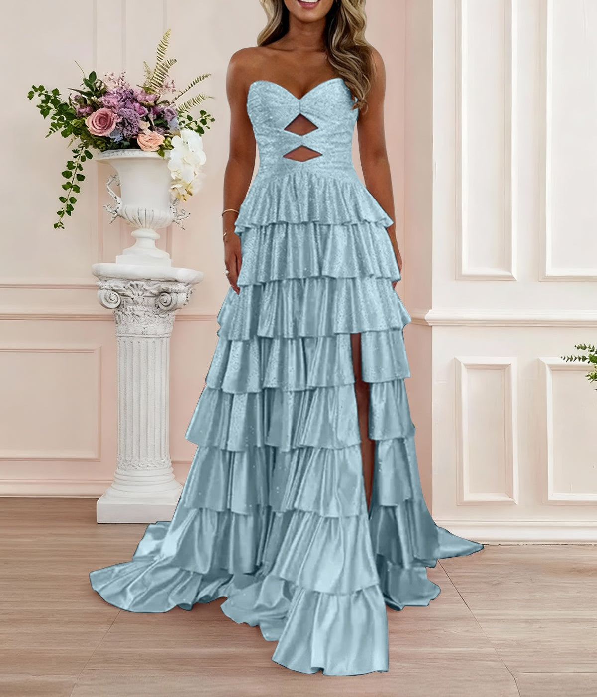 A Line Strapless Sweetheart Satin Prom Dress with Keyhole
