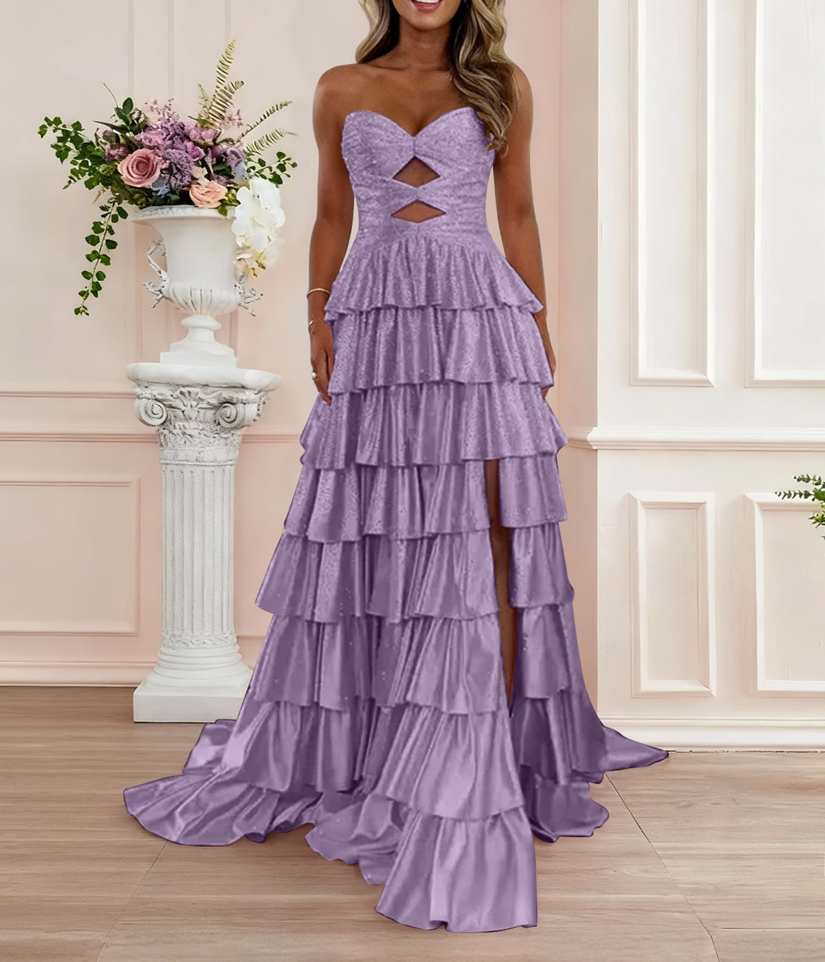 A Line Strapless Sweetheart Satin Prom Dress with Keyhole