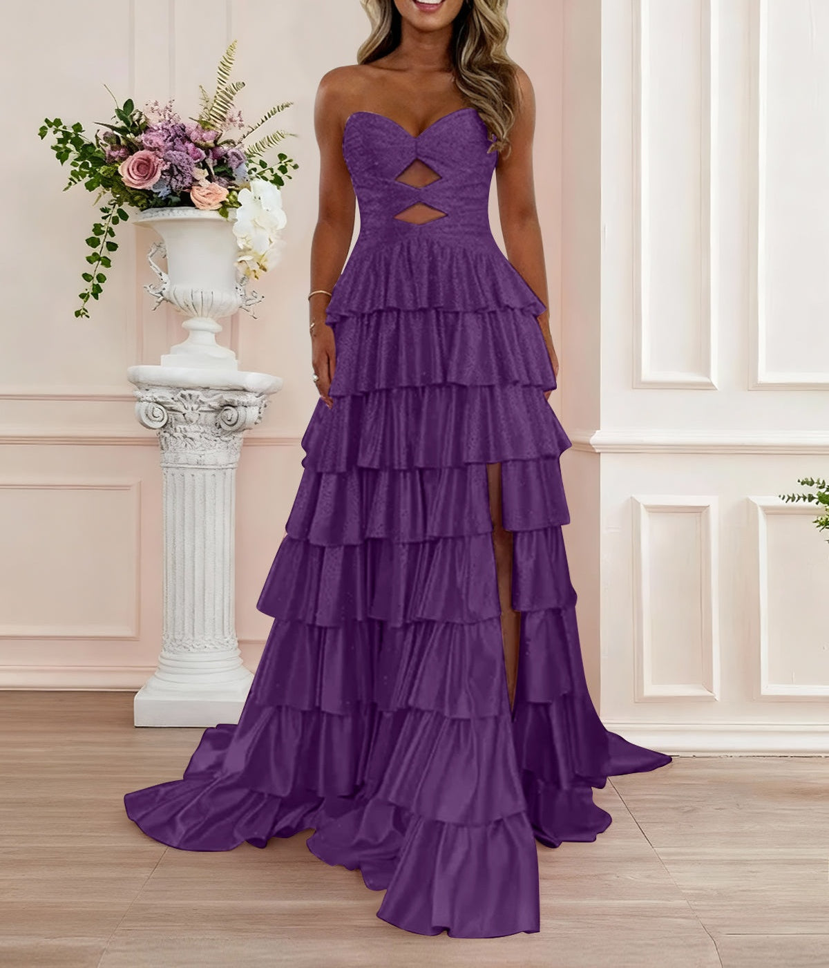A Line Strapless Sweetheart Satin Prom Dress with Keyhole