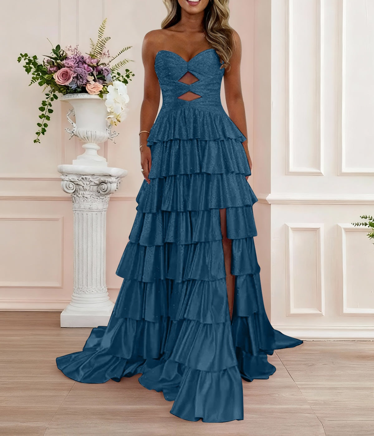 A Line Strapless Sweetheart Satin Prom Dress with Keyhole