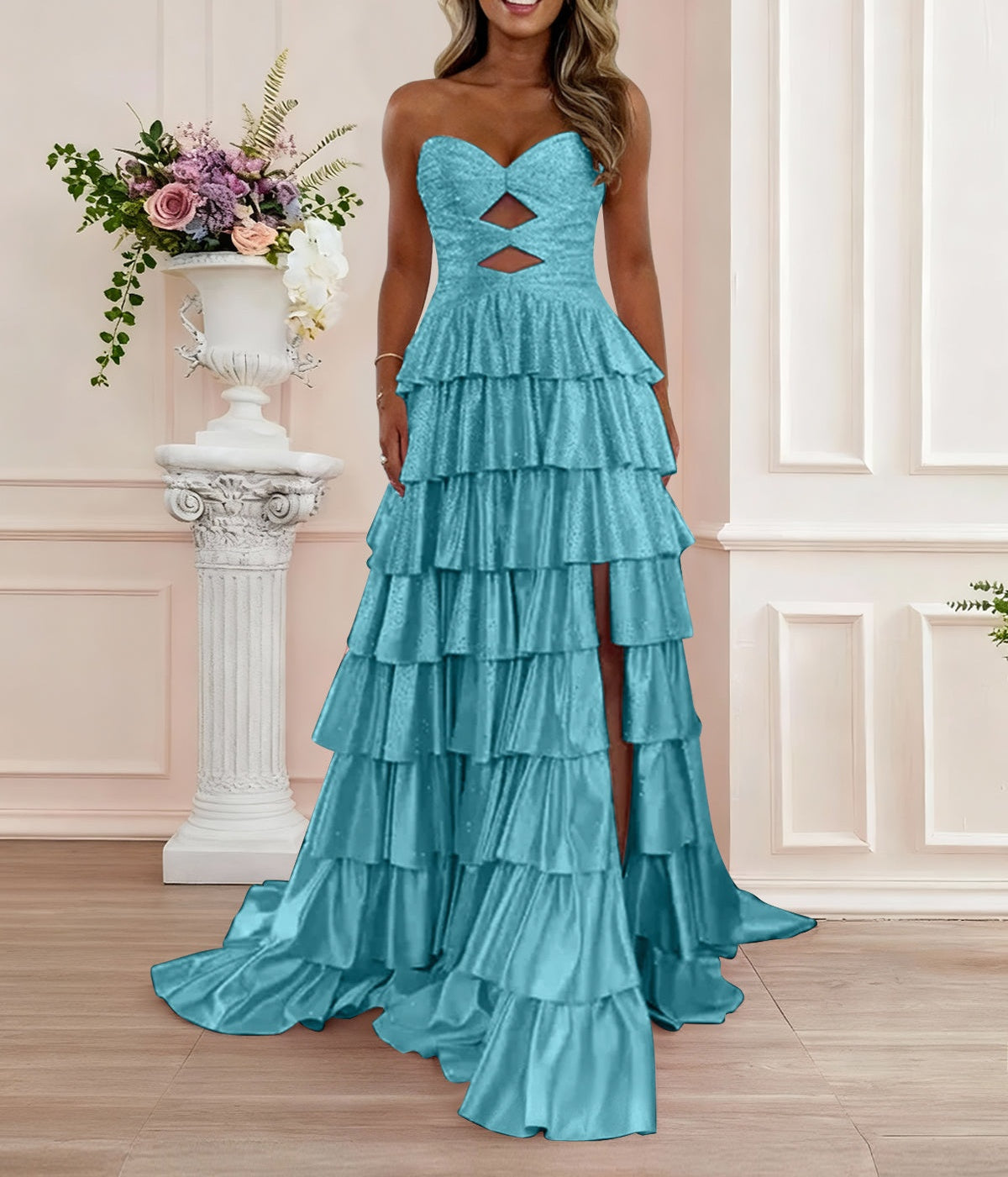 A Line Strapless Sweetheart Satin Prom Dress with Keyhole