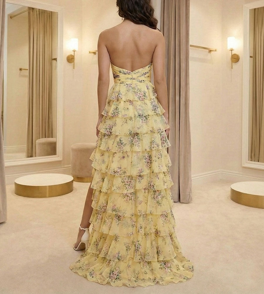 Yellow Floral Print Strapless Tiered Ruffles Prom Dress with Tie-Front Bow
