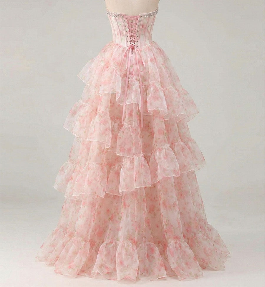 Pink Floral Print Organza Strapless Crystal Trimmed Corset Tiered Prom Dress