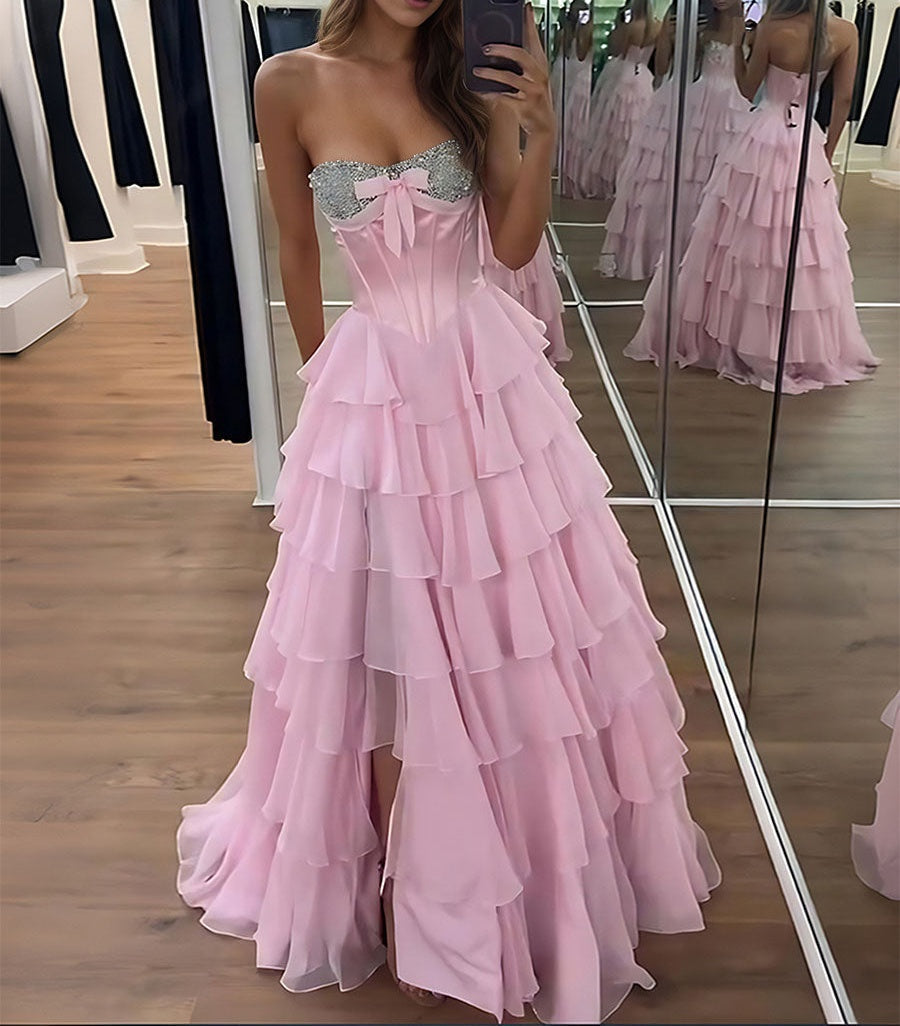 A Line Strapless Sweetheart Tiered Chiffon Long Prom Dress with Beading