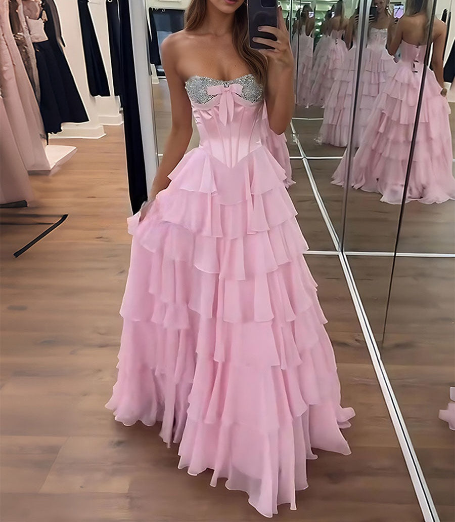 A Line Strapless Sweetheart Tiered Chiffon Long Prom Dress with Beading