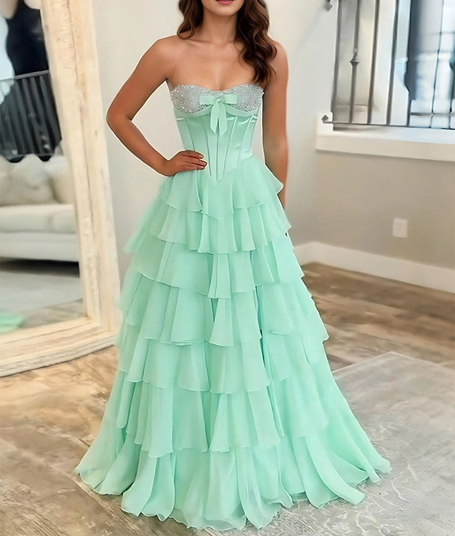 A Line Strapless Sweetheart Tiered Chiffon Long Prom Dress with Beading