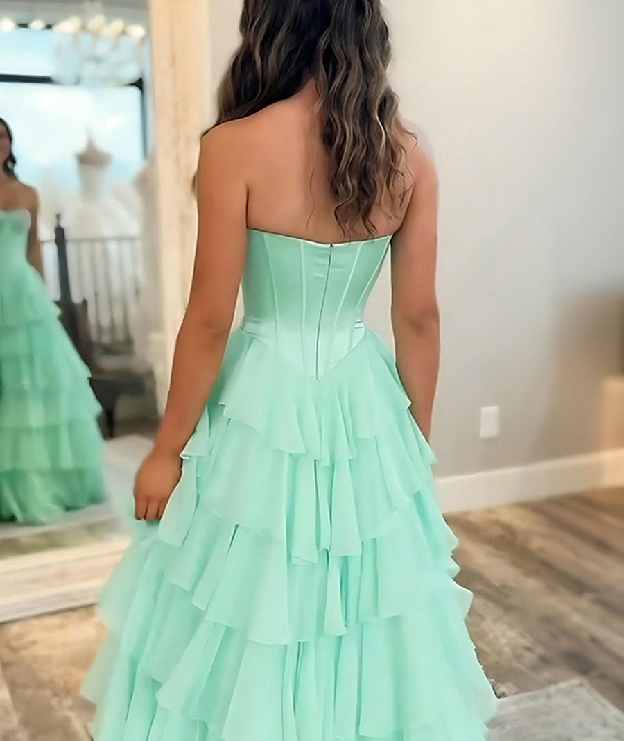 A Line Strapless Sweetheart Tiered Chiffon Long Prom Dress with Beading