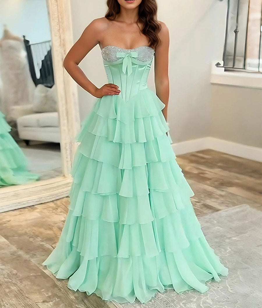 A Line Strapless Sweetheart Tiered Chiffon Long Prom Dress with Beading