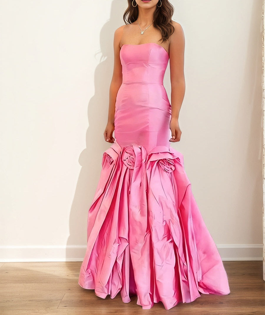 Pink Strapless Satin 3D Rosette Mermaid Long Prom Dress