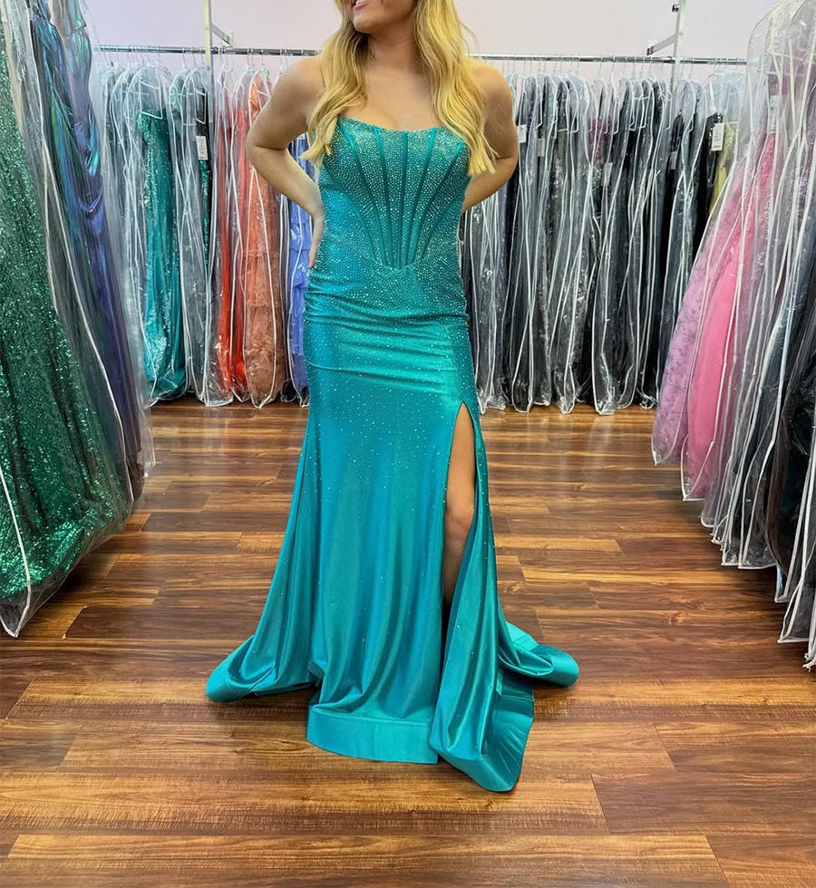 Hot Pink Strapless Beaded Corset Prom Dress with Slit