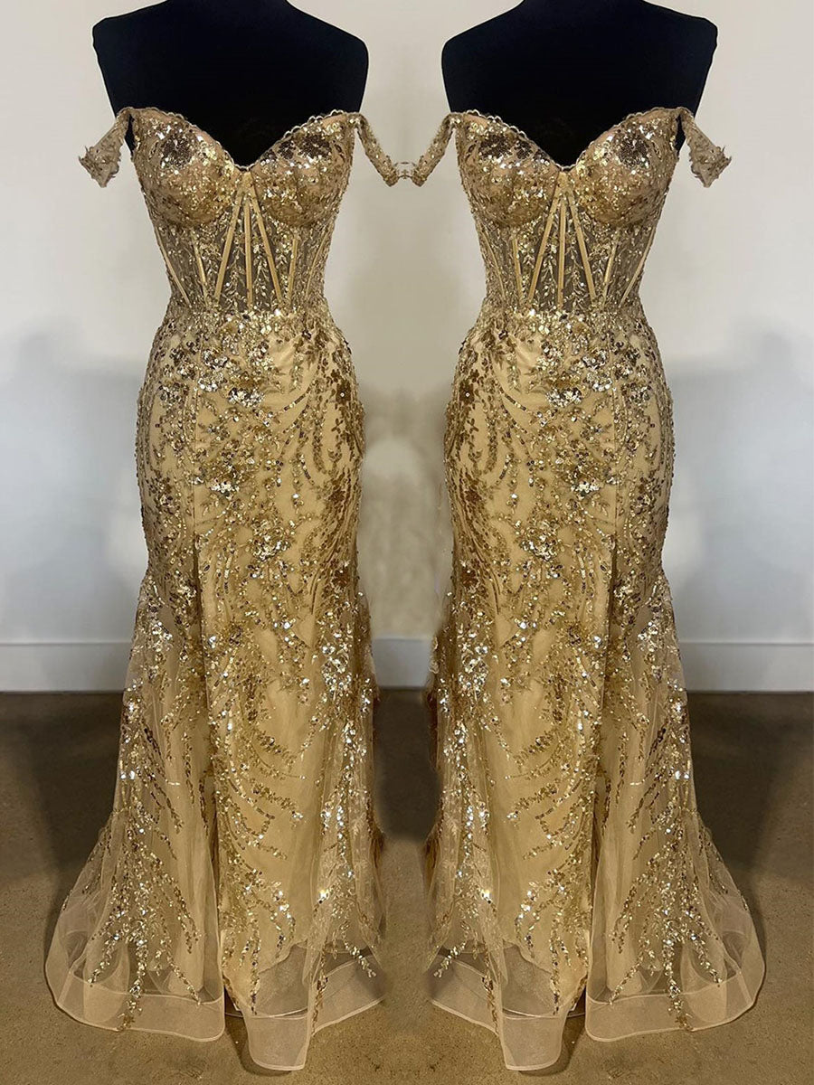 Off-the-Shoulder Sequin Lace Mermaid Long Porm Dress with Slit